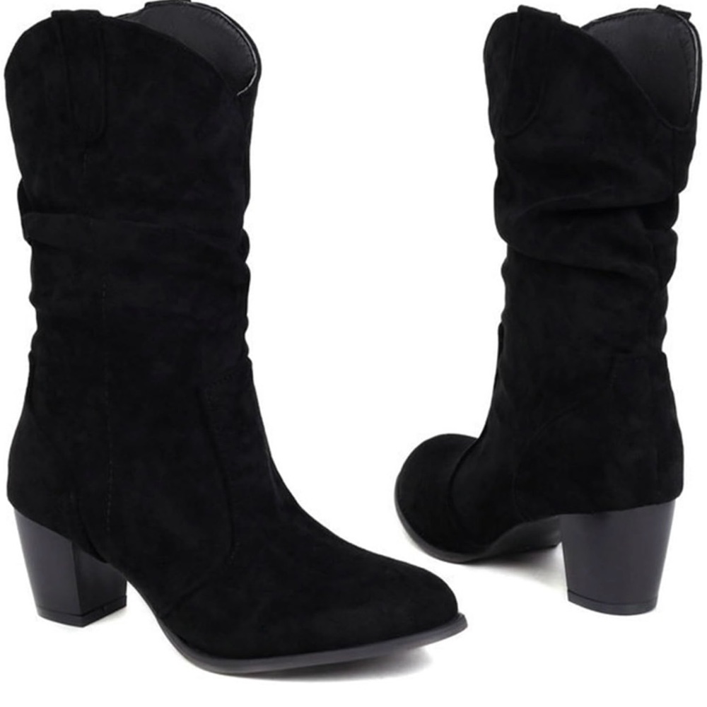 NWOT Women's Cowgirl Boots Mid Calf Faux Suede Western Boots with Pull-Up Tabs